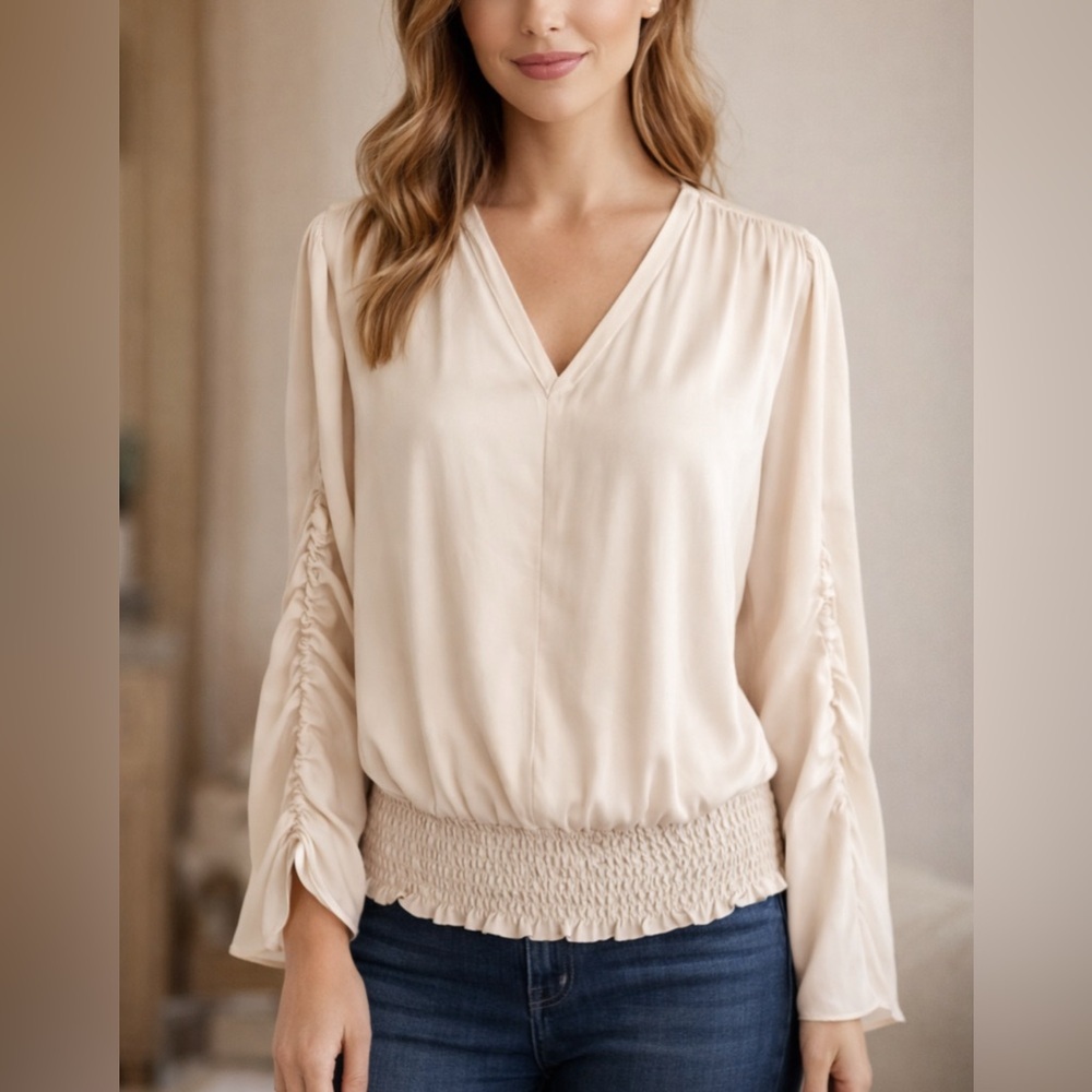 ✨ Philosophy Smocked Waist Blouse Size L Beige V Neck Elegant Minimal Top✨